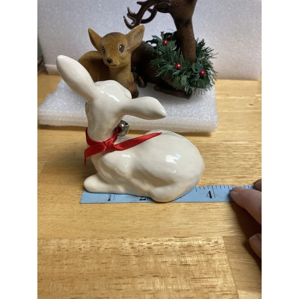 Vtg Lot 3 Deer Figurines Holiday Christmas Ceramic Wood Flocked Sitting Decor
